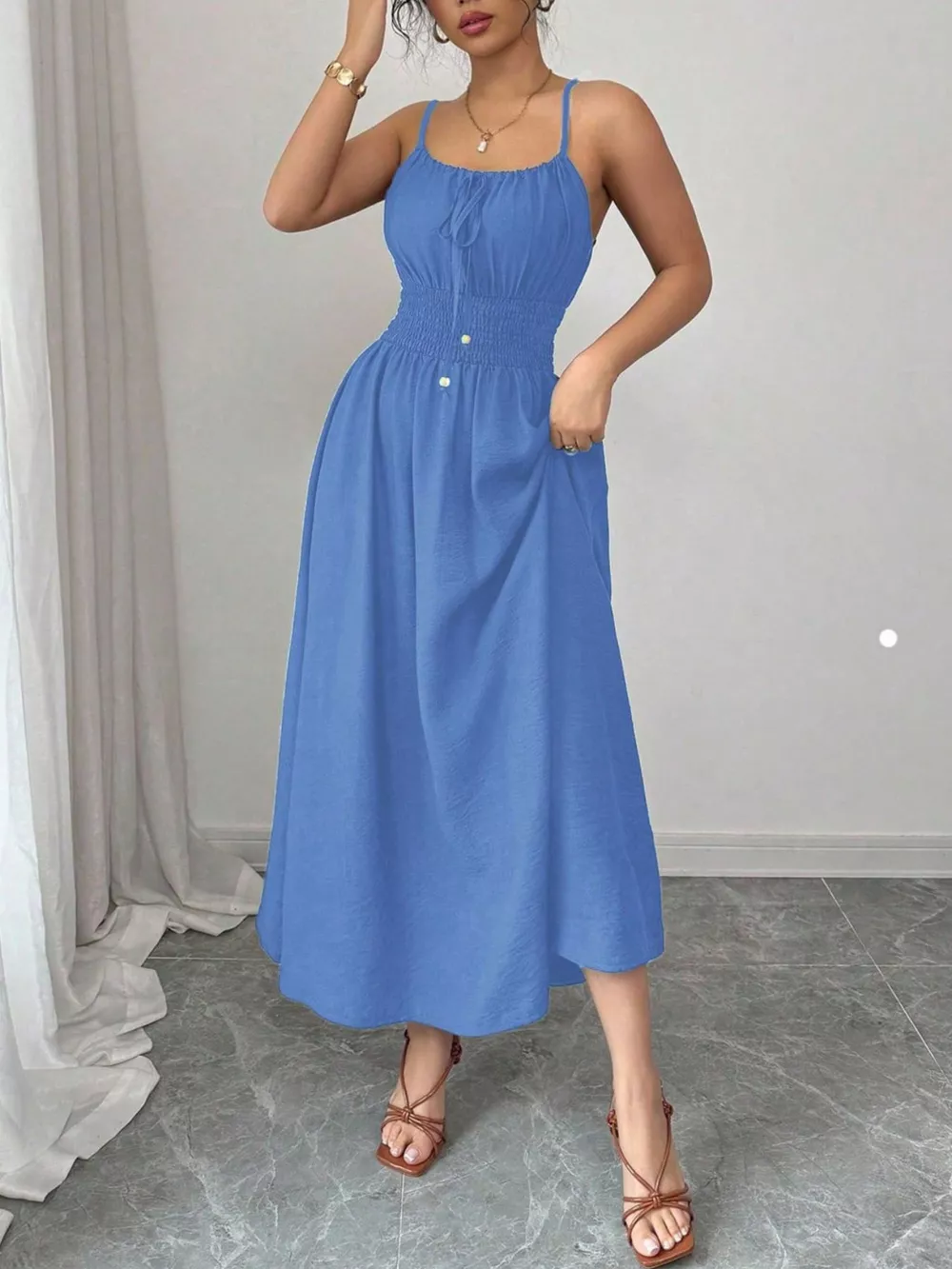 Smocked Spaghetti Strap Midi Dress, image 7