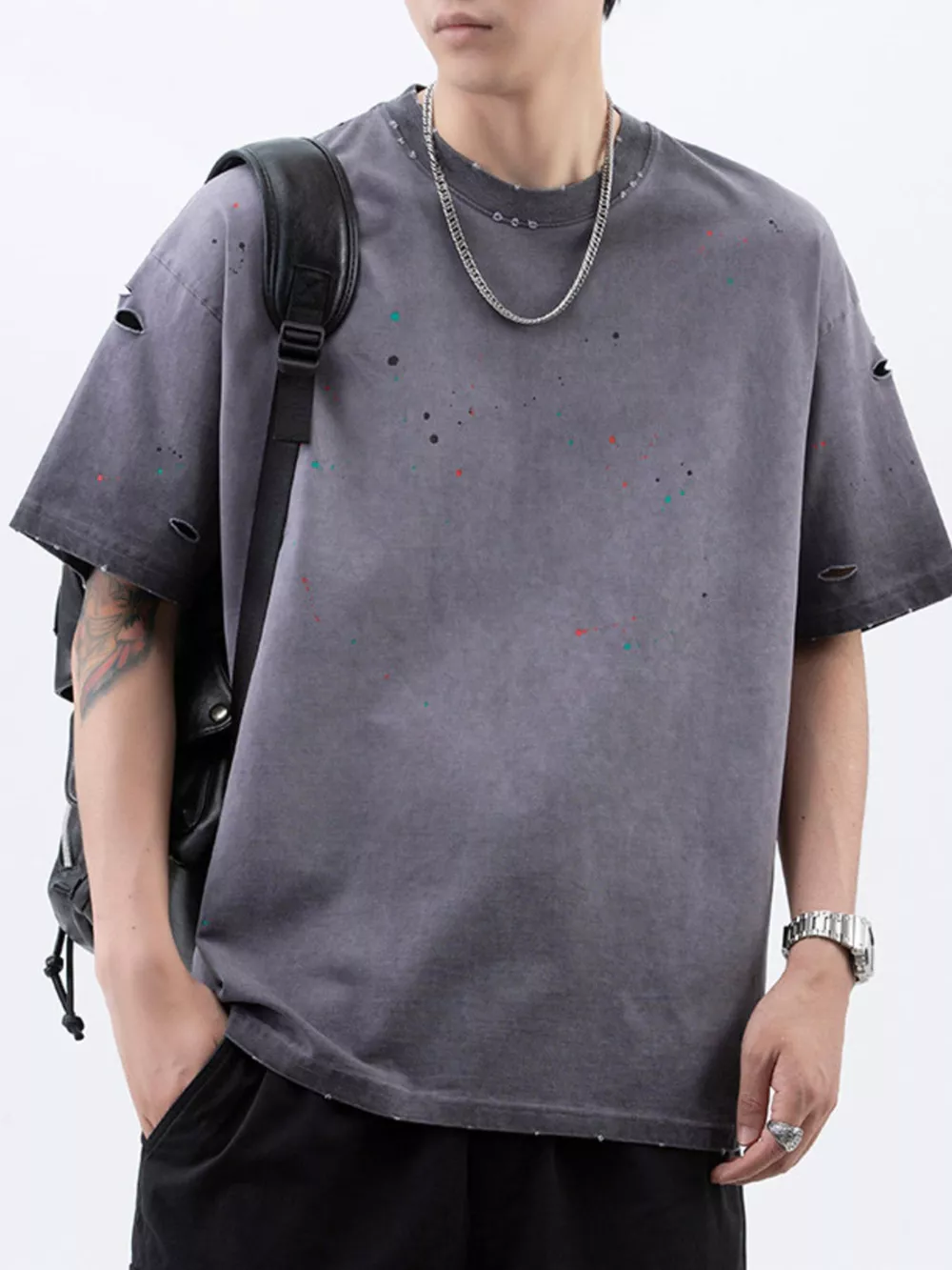 Men's Plus Size Distressed Round Neck Short Sleeve T-Shirt, image 5
