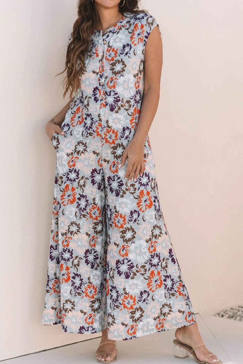 Floral Sleeveless Button Front Wide Leg Jumpsuit, image 5