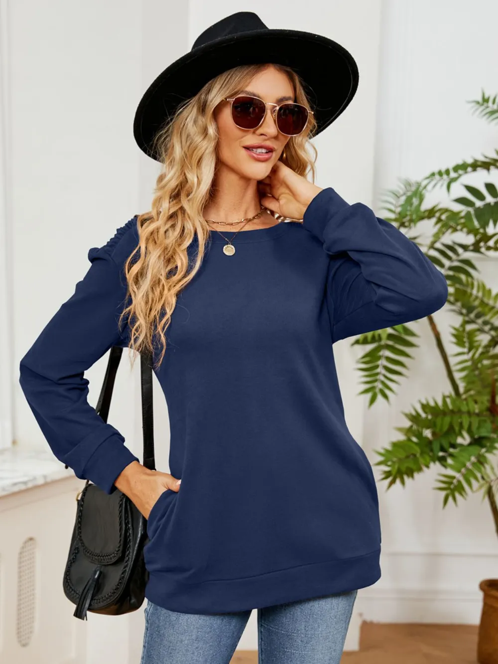 Ruched Shoulder Round Neck Long Sleeve Sweatshirt, image 20