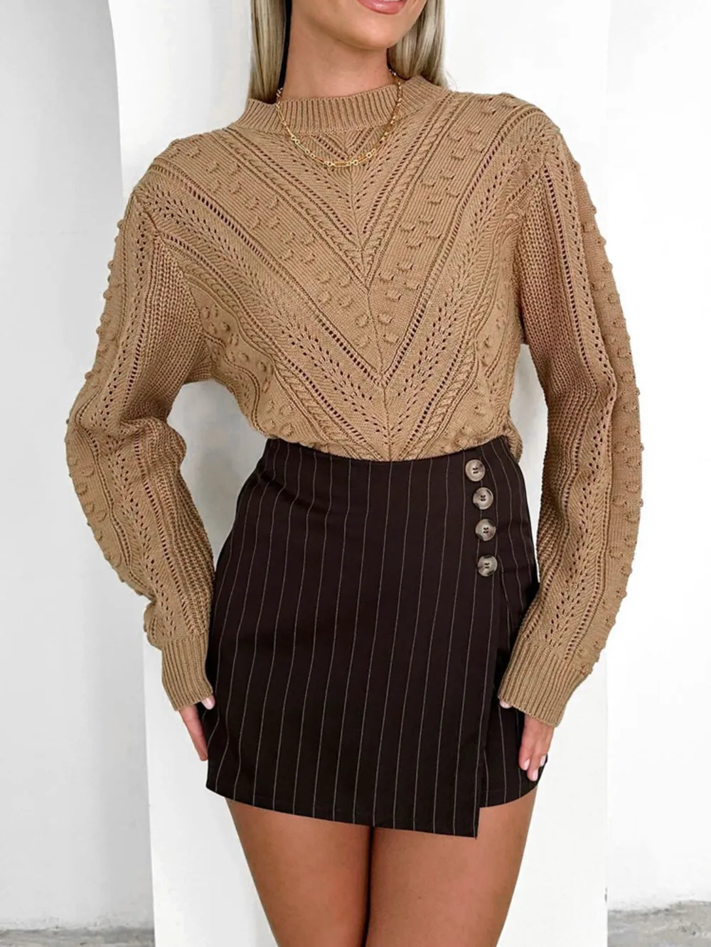 Openwork Round Neck Long Sleeve Sweater, image 2