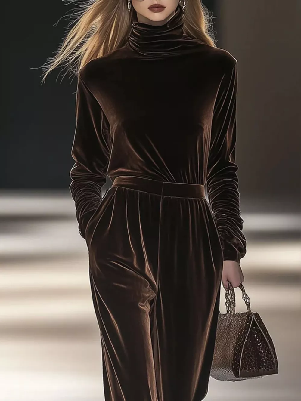 Full Size Velvet Turtleneck Long Sleeve Top and Wide-Leg Pants Set Plus Size, image 2