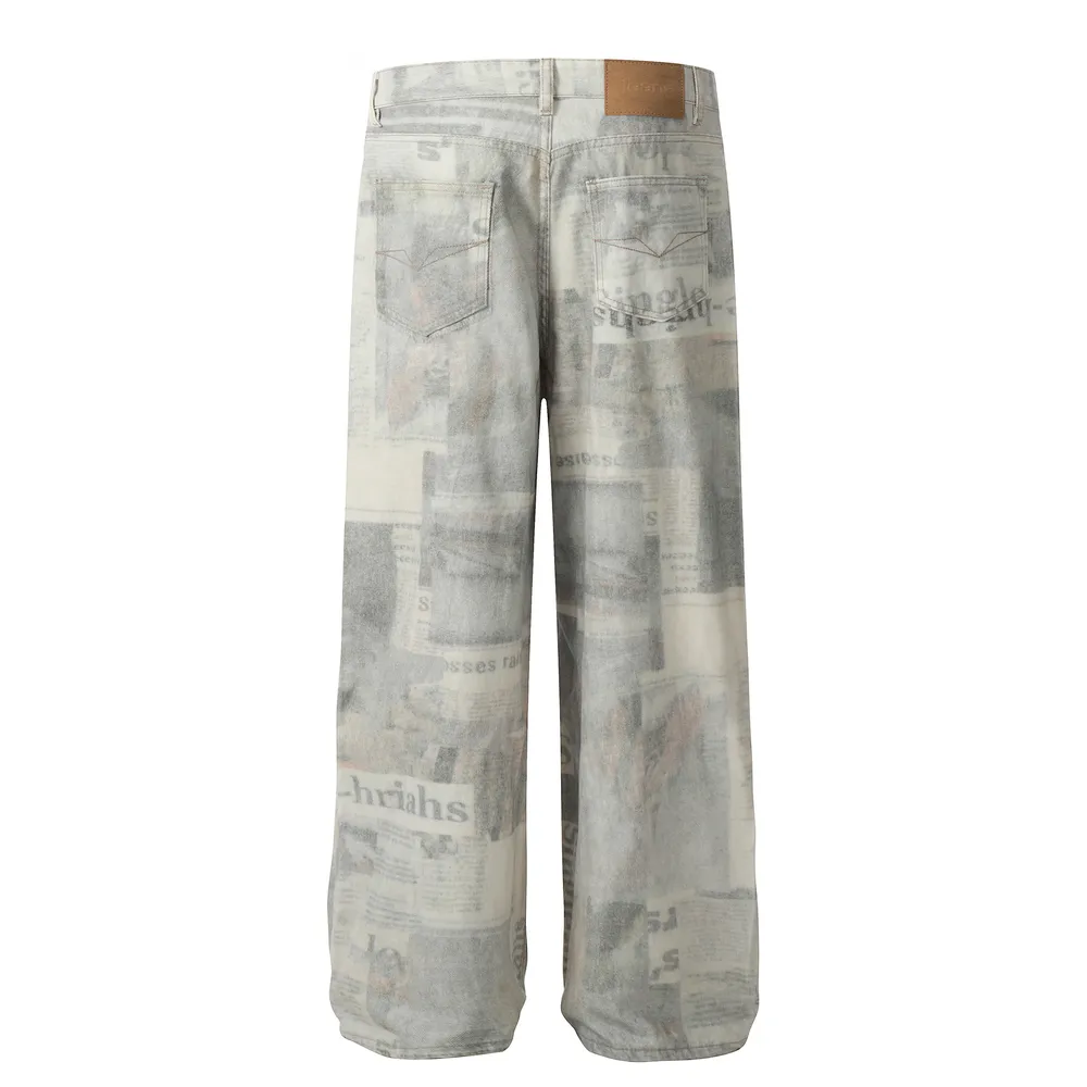 Men's Vintage Newspaper Print Wide Leg Baggy Jeans, image 2