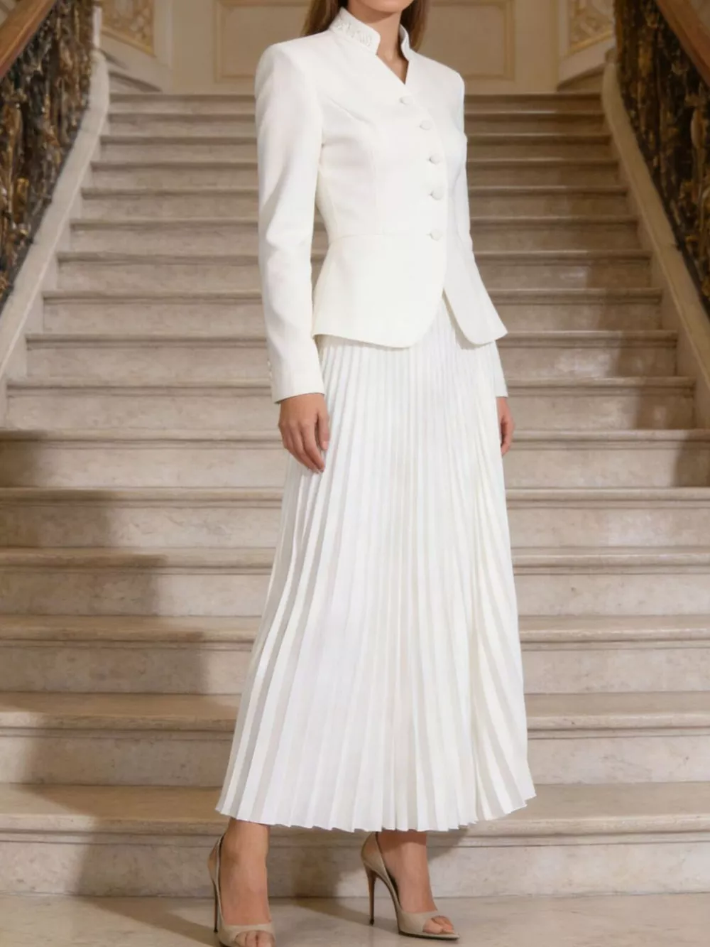 Button Up Long Sleeve Top and Pleated Skirt Set