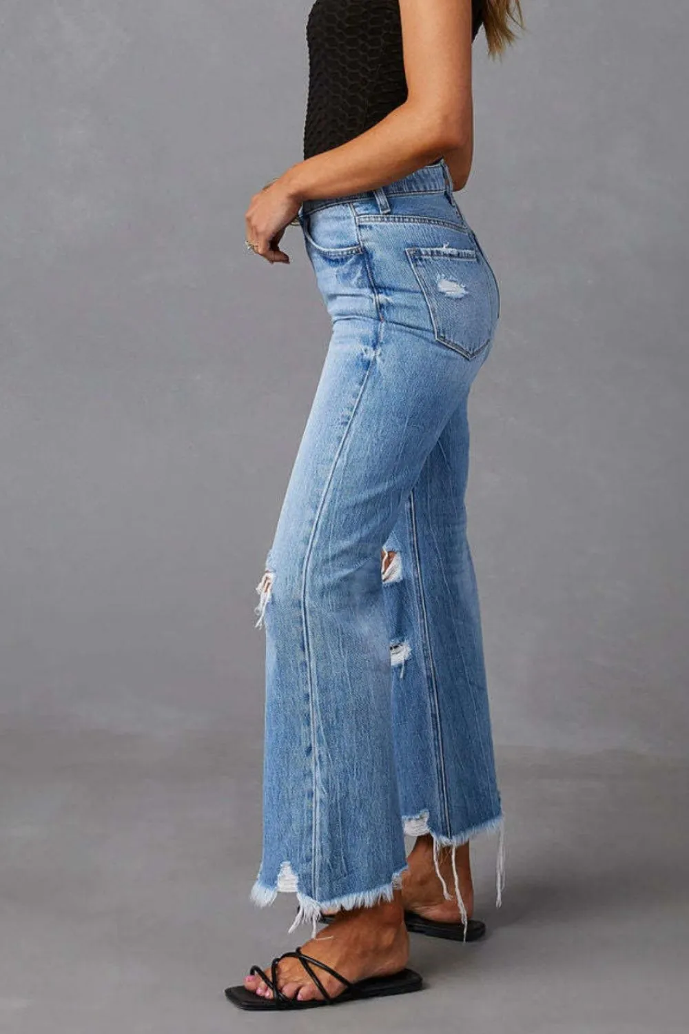 Distressed Raw Hem Jeans with Pockets, image 3