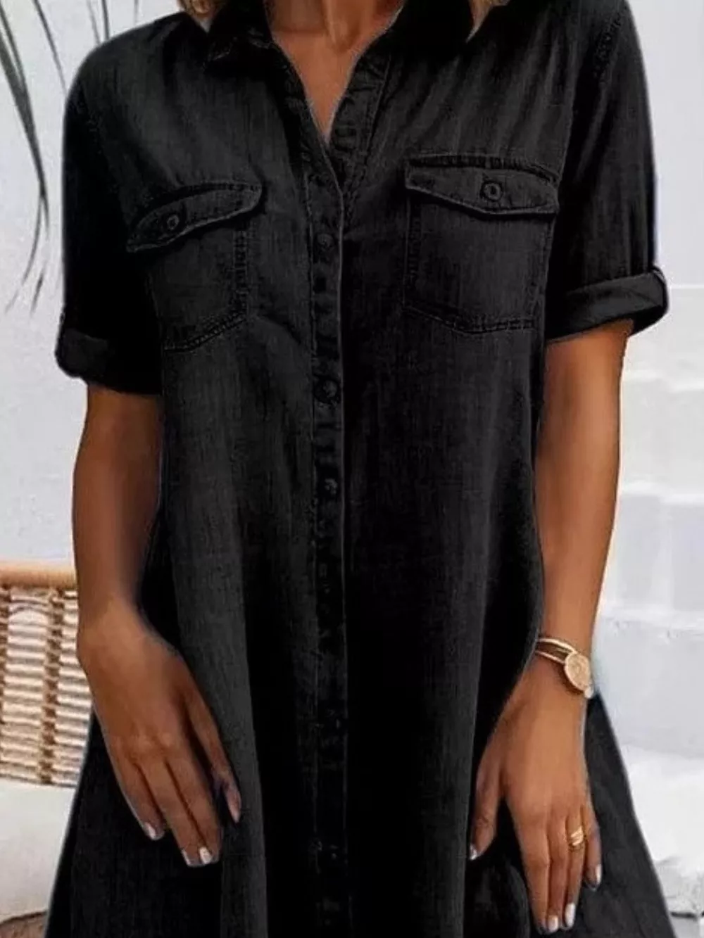 Full Size Button-Front Short Sleeve Denim Dress Plus Size, image 5