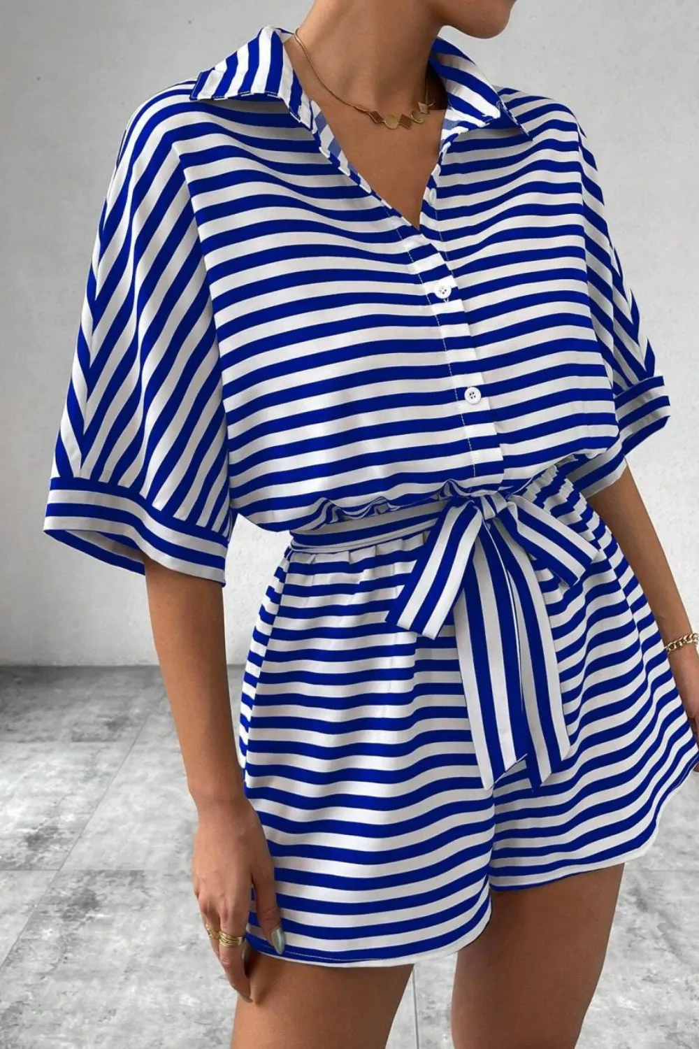 Striped Collared Neck Tie Waist Romper, image 13
