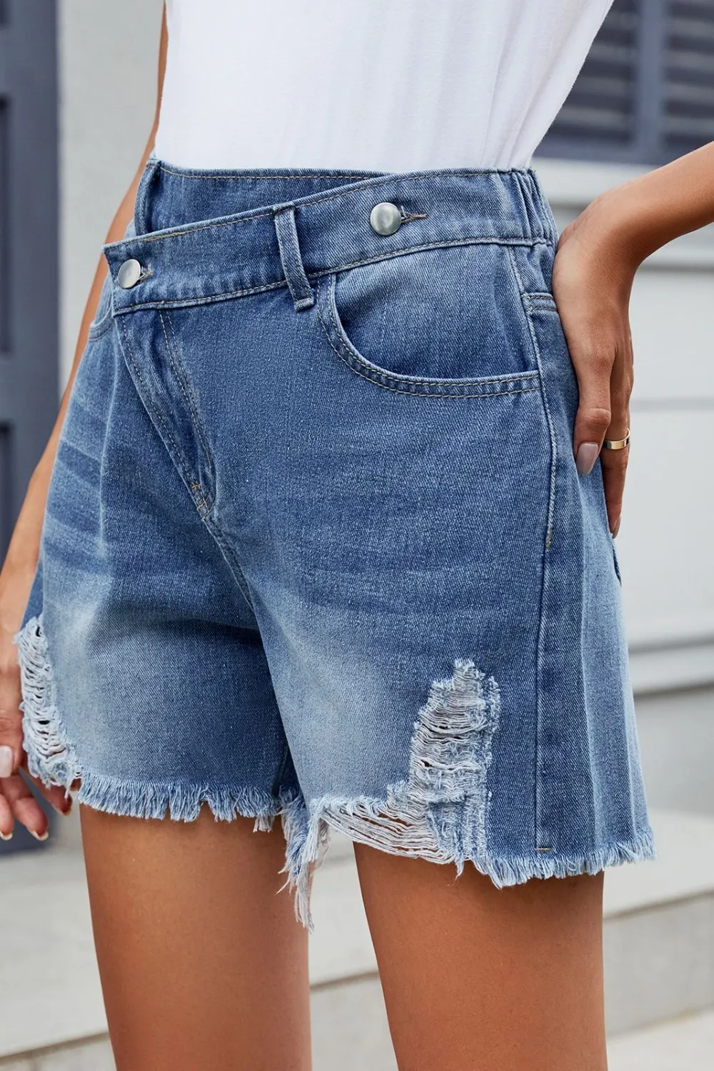 Distressed Raw Hem Asymmetric Waist Denim Shorts, image 6