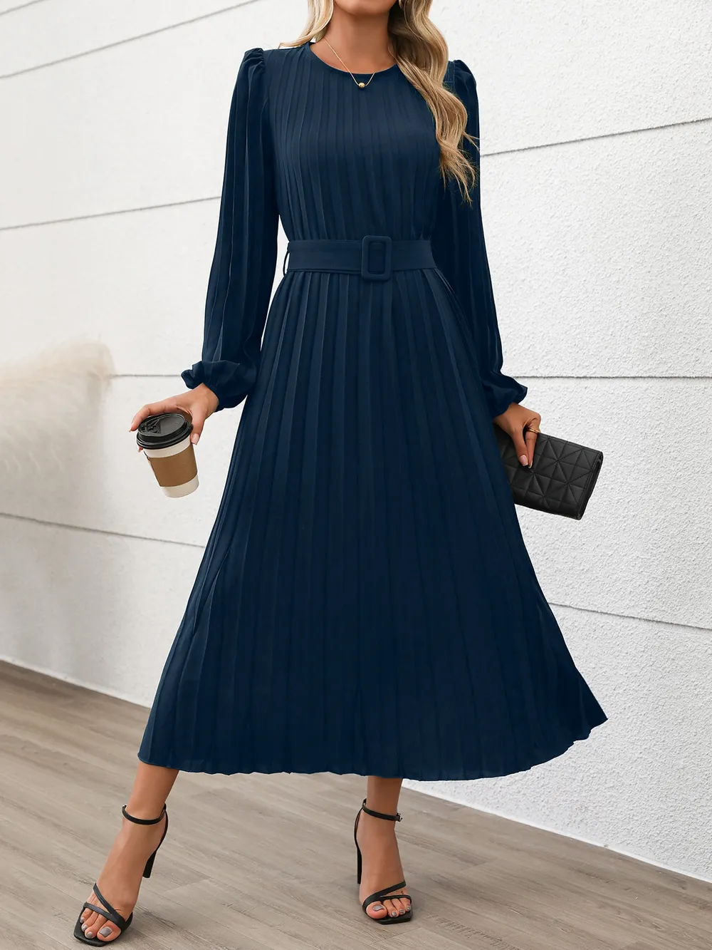Pleated Round Neck Long Sleeve Dress, image 3