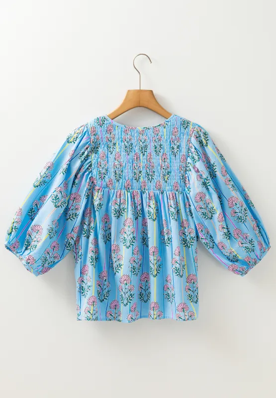 Smocked Floral Print Tie Neck Blouse, image 10