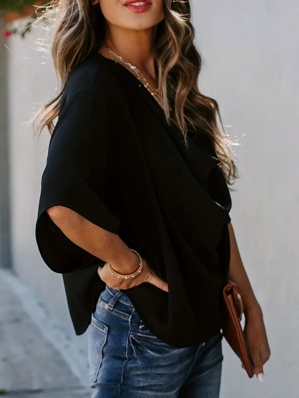 Full Size Ruched Three-Quarter Sleeve Blouse Plus Size, image 6