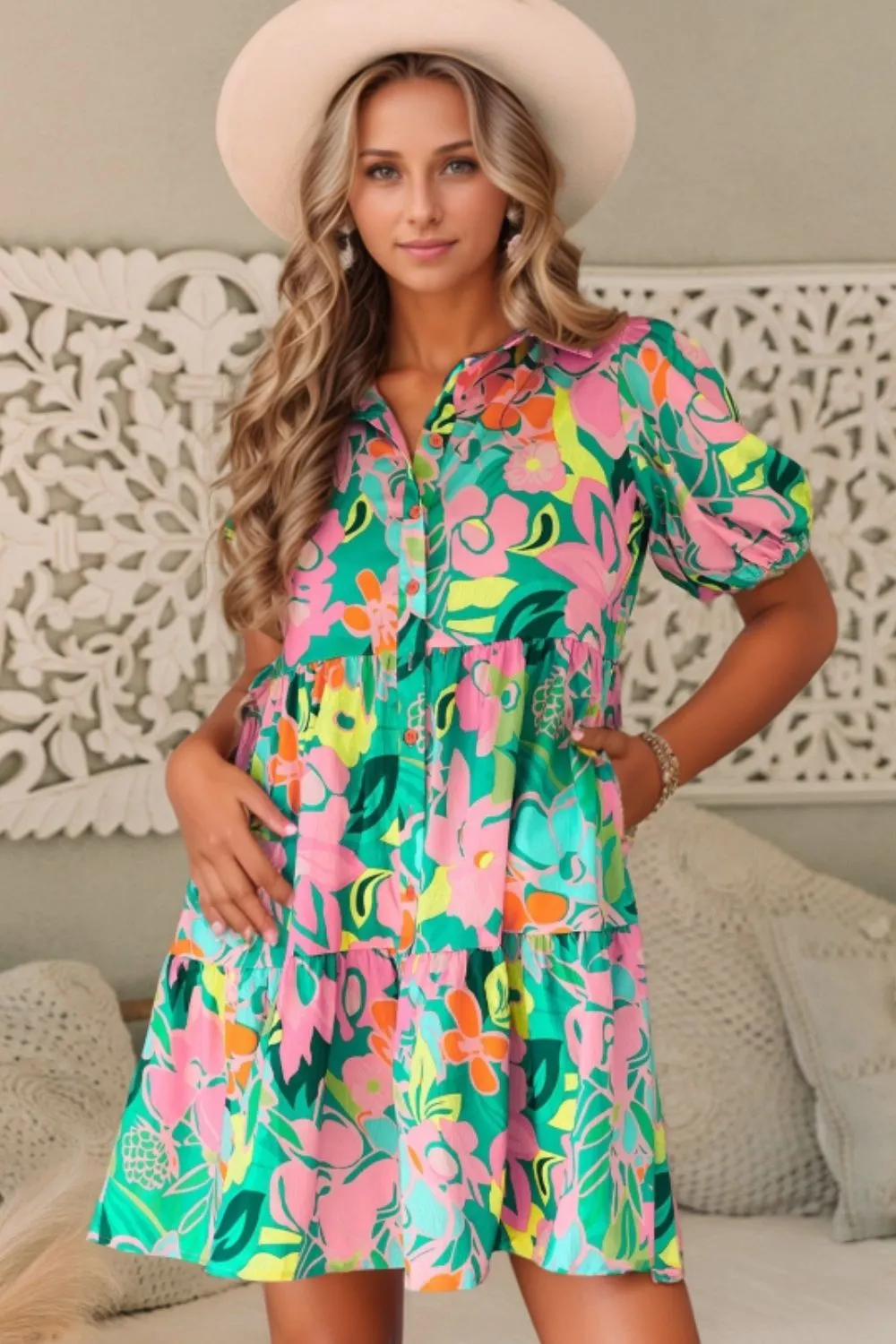 Button Down Floral Puff Sleeve Babydoll Dress