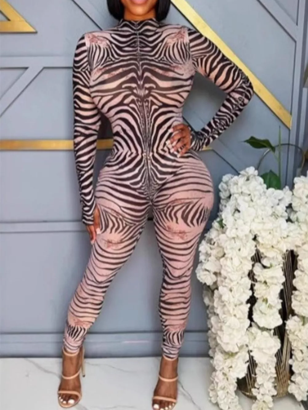 Zebra Print Long Sleeve Bodycon Jumpsuit