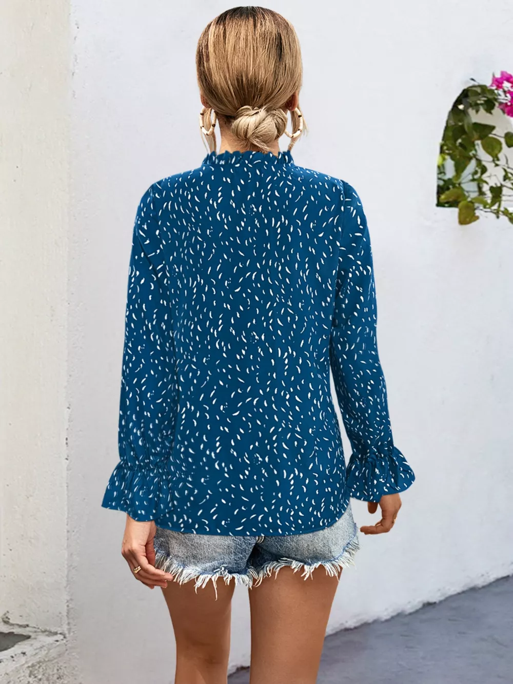 Ruffled Printed Tie Neck Long Sleeve Blouse, image 11