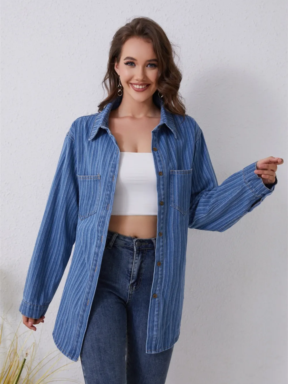 Pocketed Striped Button Up Denim Shirt, image 3
