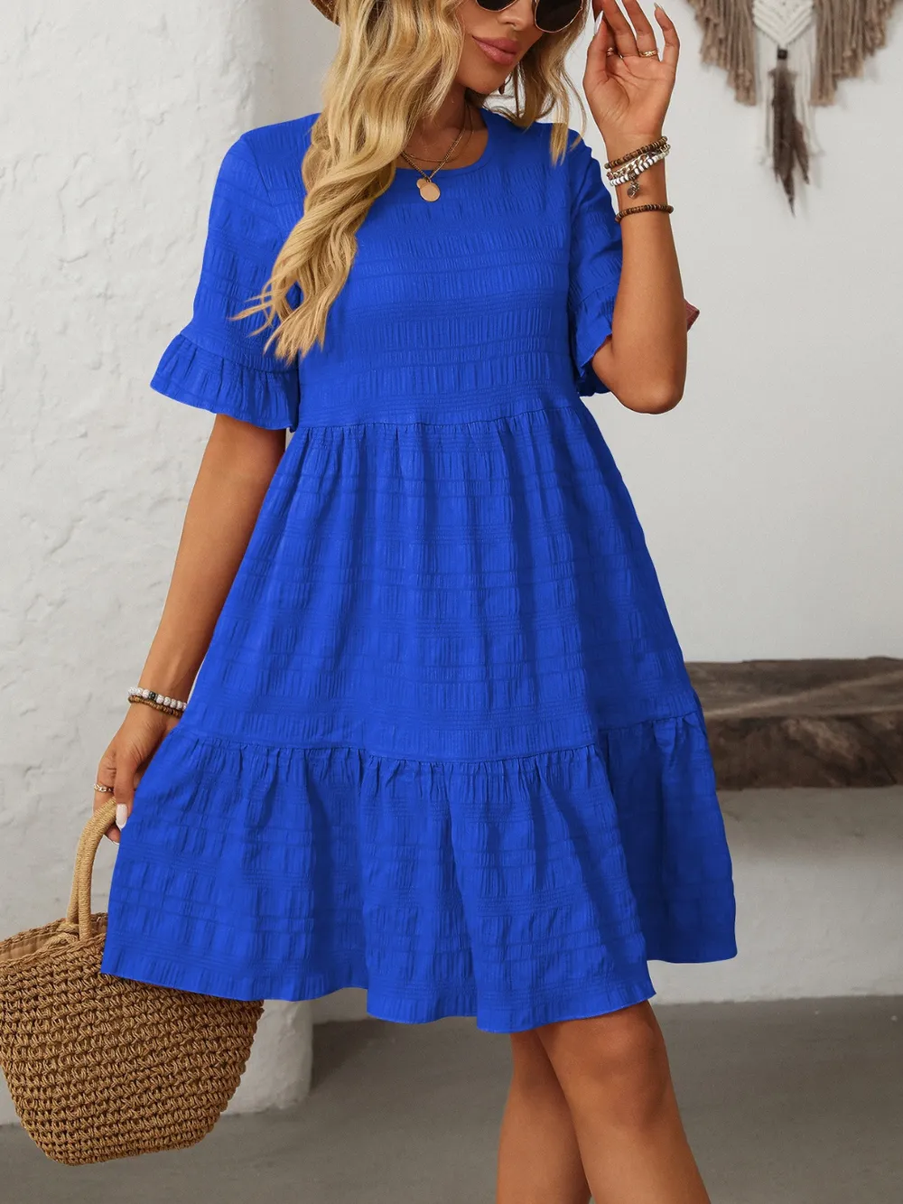 Ruffled Ruched Round Neck Half Sleeve Dress, image 19