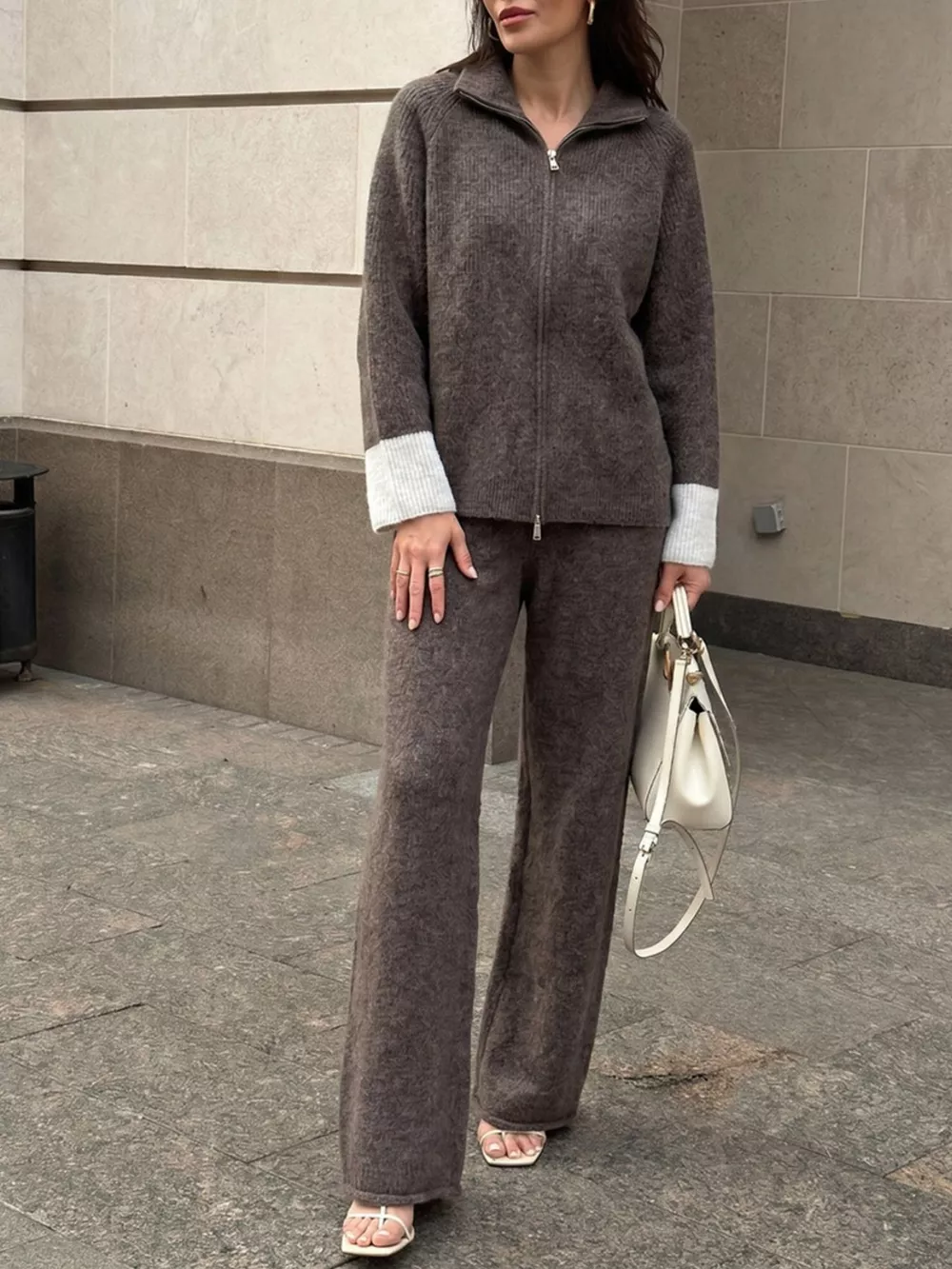Zip-Up Contrast Cuff Cardigan and Pants Sweater Set, image 20