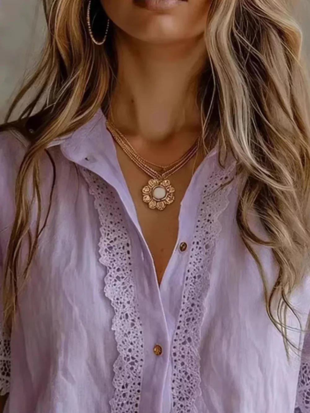 Lace-Trimmed Short Sleeve Button-Down Shirt, image 8