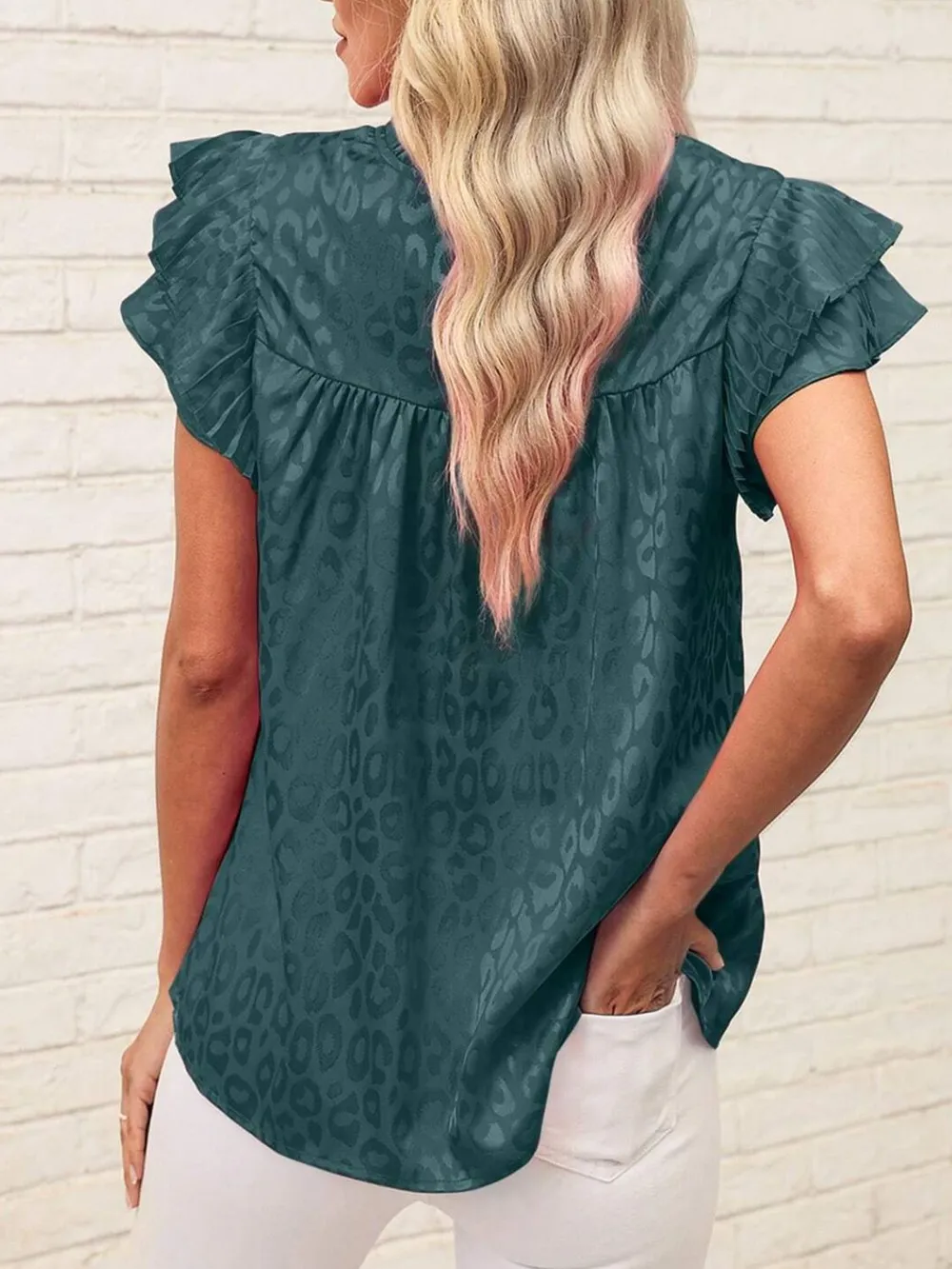 Leopard Frill Mock Neck Ruffled Cap Sleeve Top, image 20