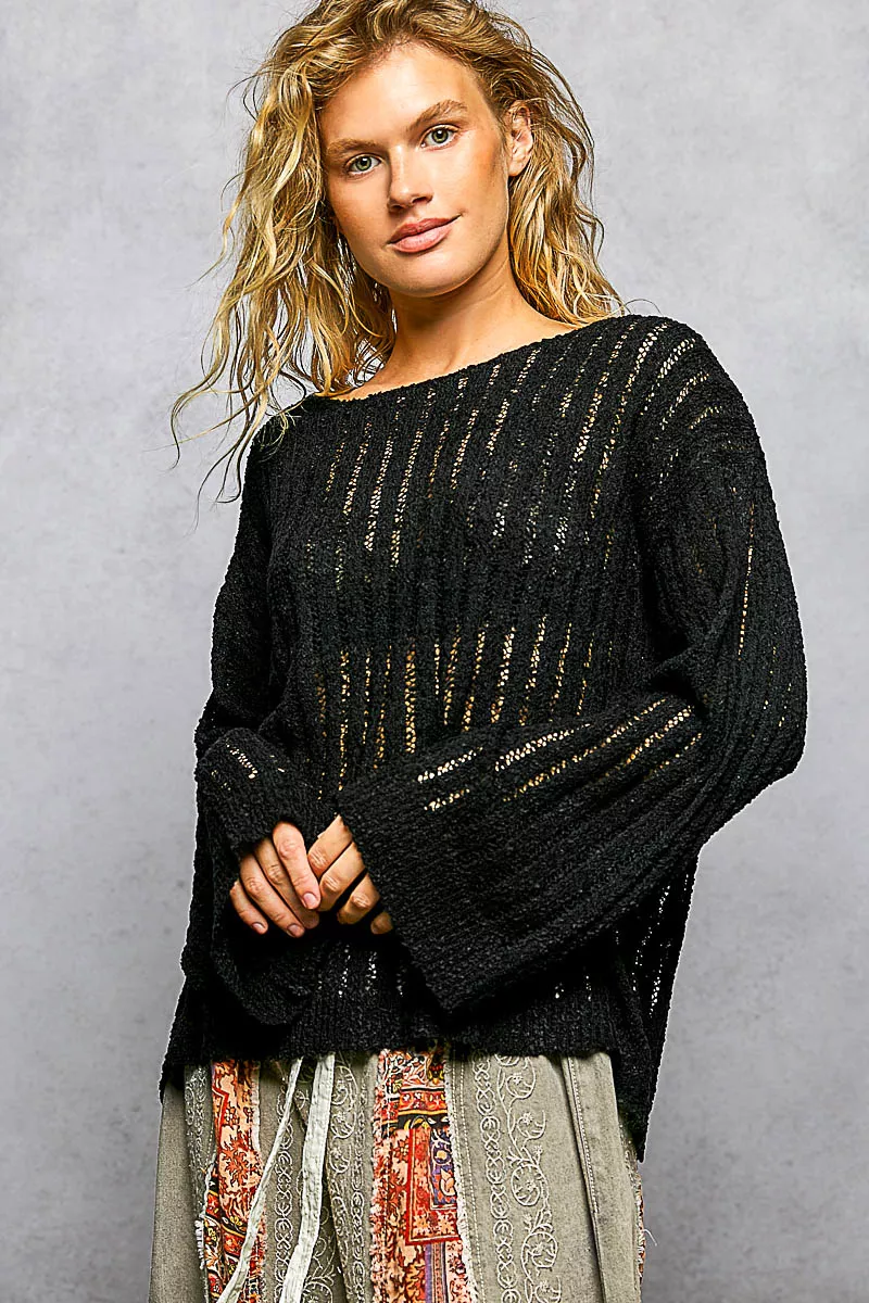 Round Neck Long Sleeve Open Weave Sweater, image 2