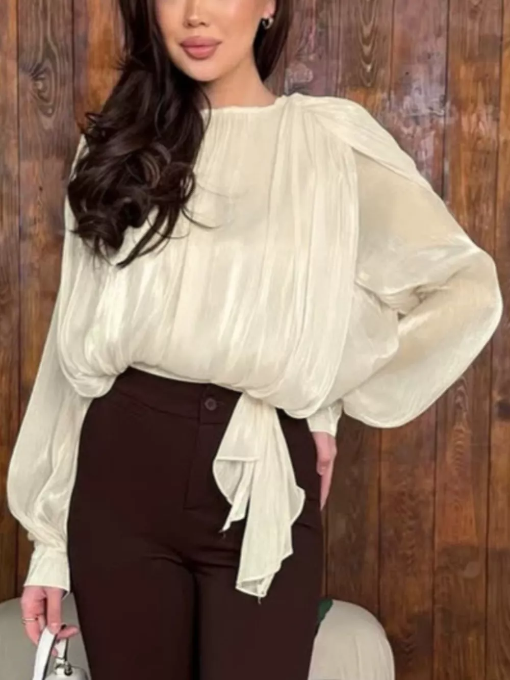 Tie-Front Detail Long Sleeve Blosue, image 4