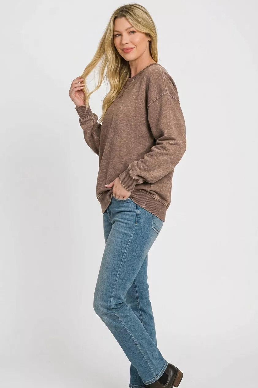 Zenana Fleece Acid Enzyme Washed Round Neck Sweatshirts, image 2