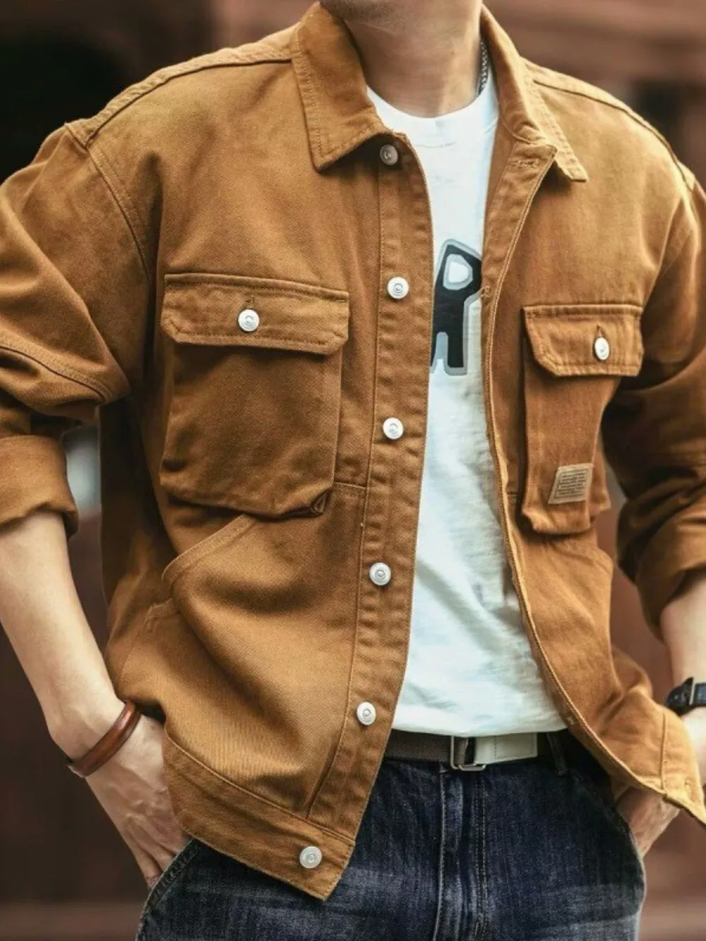 Men's Washed Collared Neck Cargo Jacket, image 7