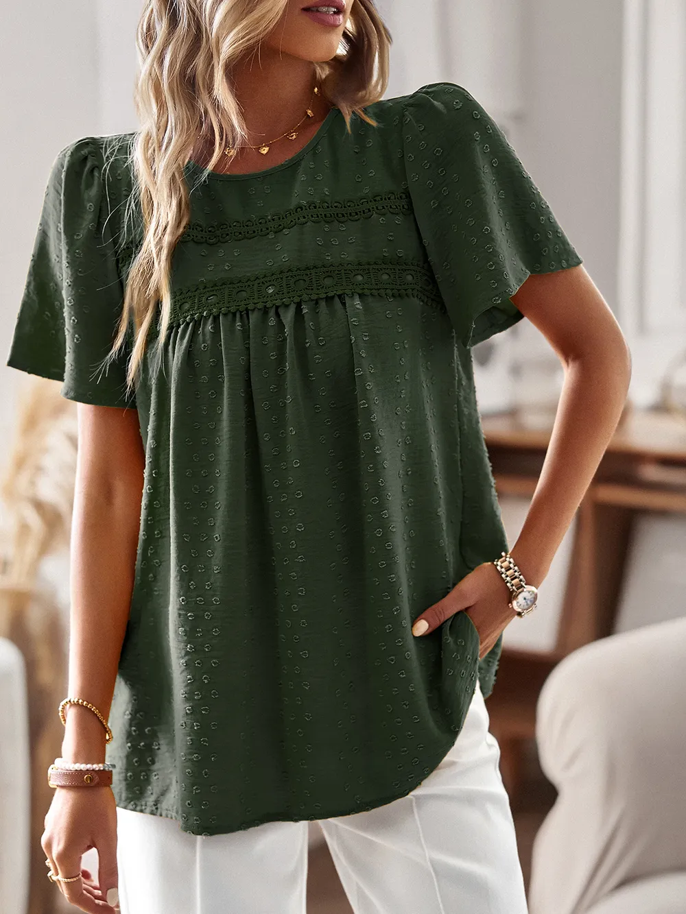 Lace Detail Round Neck Short Sleeve Blouse, image 22
