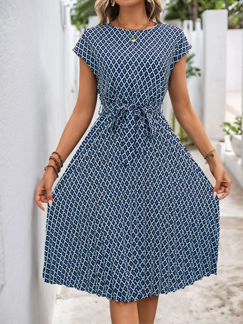 Printed Round Neck Short Sleeve Midi Dress, image 4