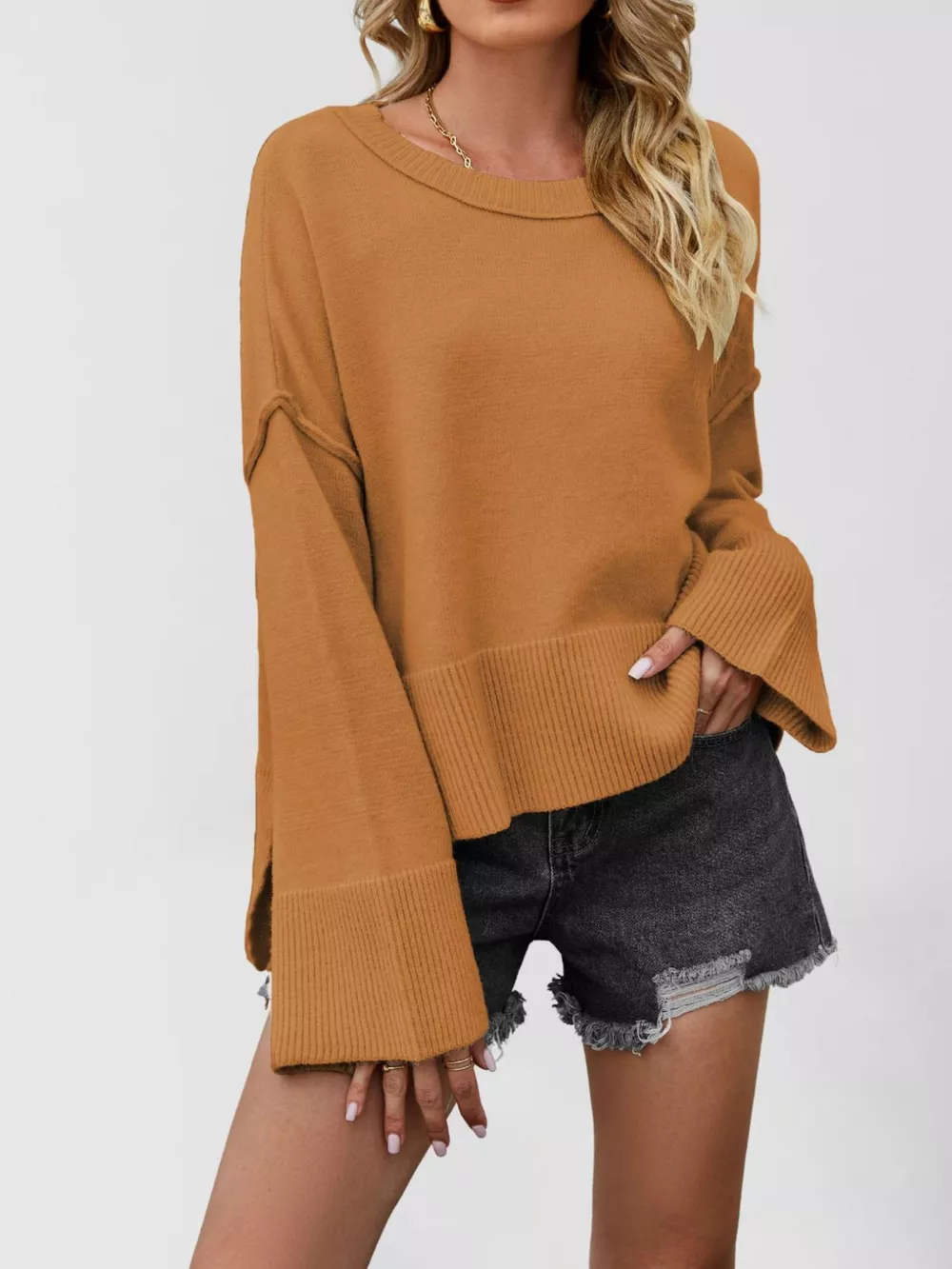 Dropped Shoulder Flare Sleeve Sweater, image 3