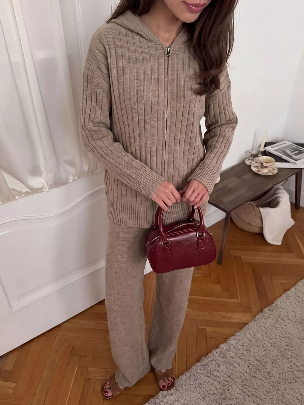 Cozy Ribbed Knit Zip-Up Hoodie and Wide-Leg Pants Sweater Set, image 3