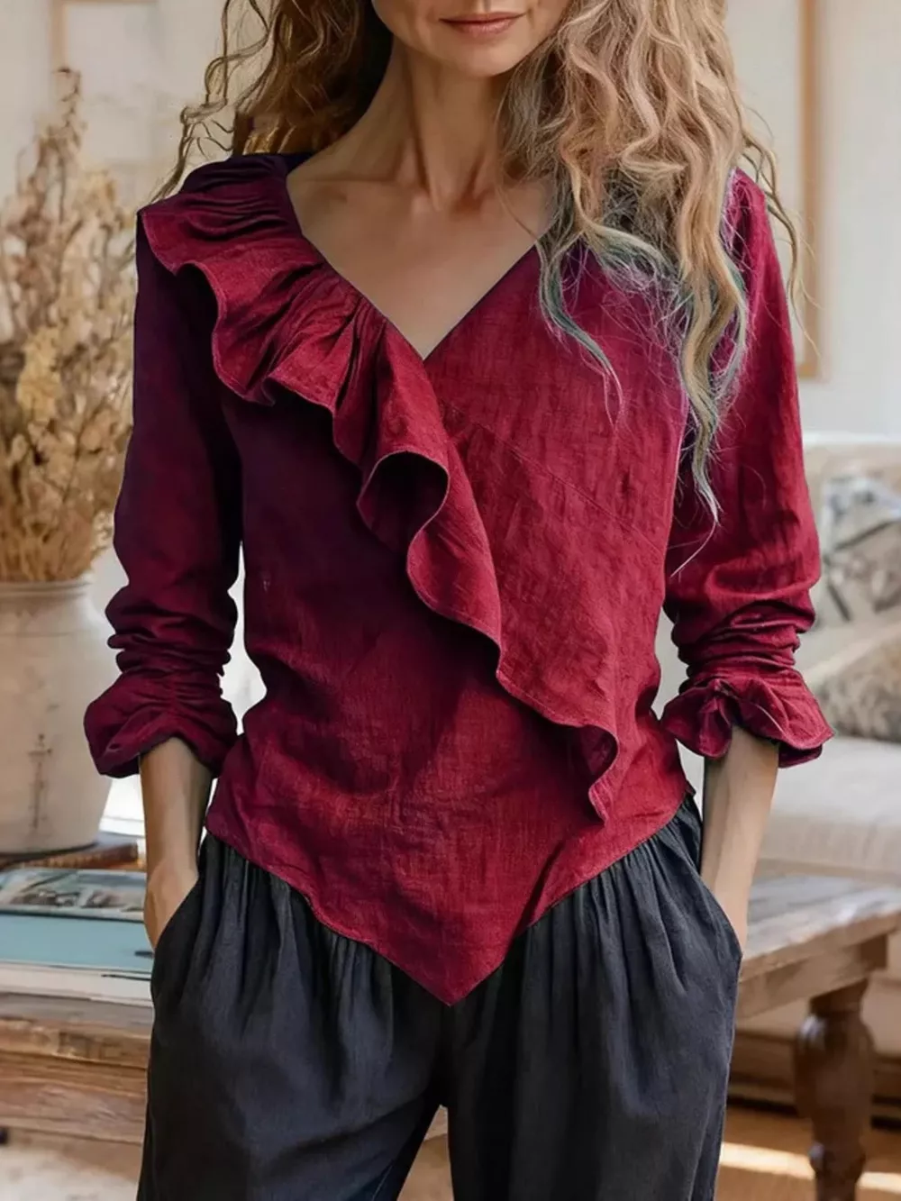V-Neck Ruffled Long Sleeve Blouse, image 7