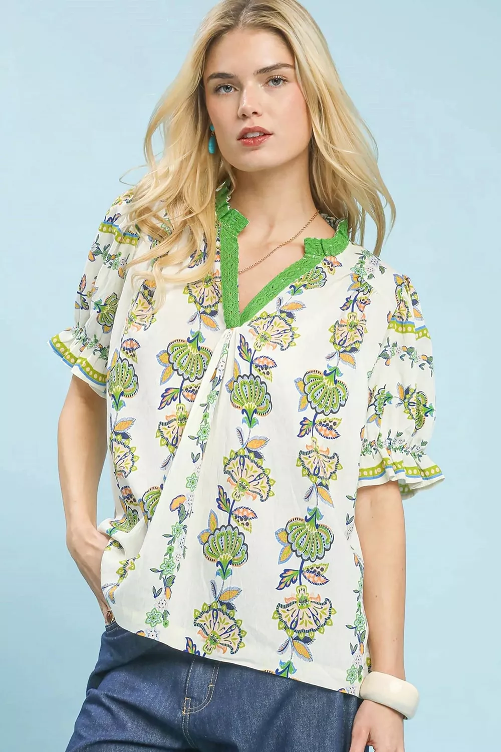 Abstract Border Print V-Neck Top