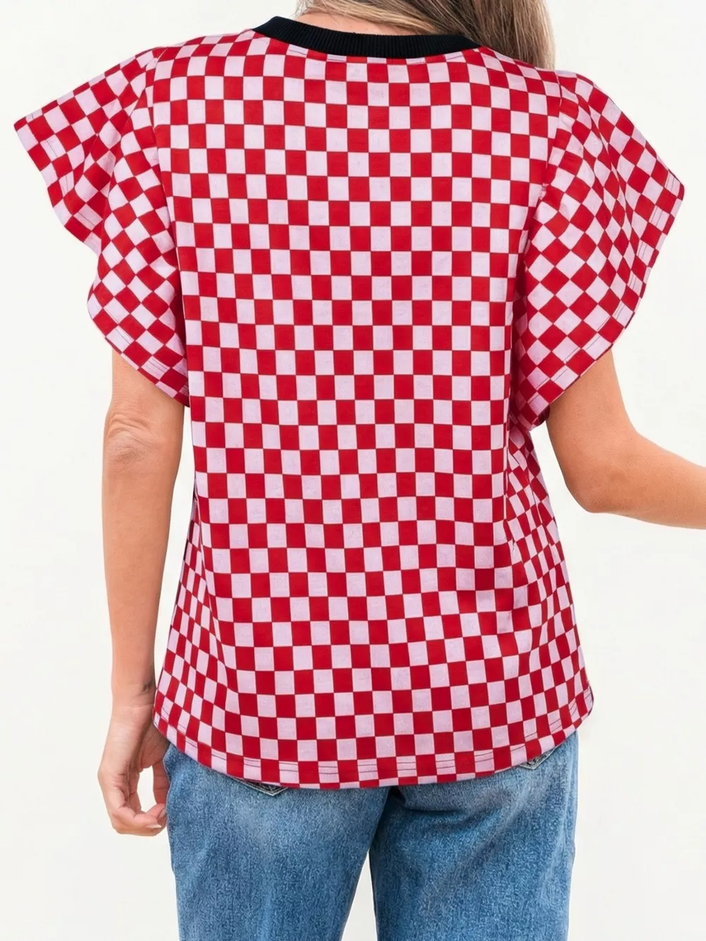 Checkered Print Ruffle Cap Sleeve Contrast Trim Round Neck Top, image 2