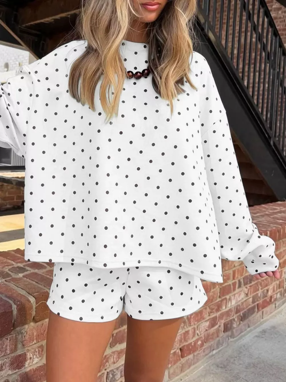 Polka Dot Long Sleeve Top and Shorts Set, image 4