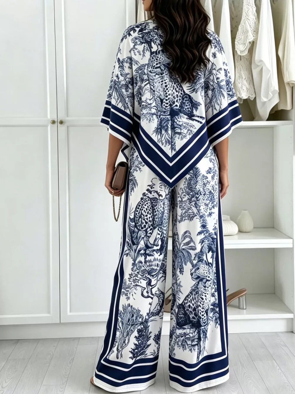 Asymmetrical Printed Top and Wide-Leg Pants Set, image 2