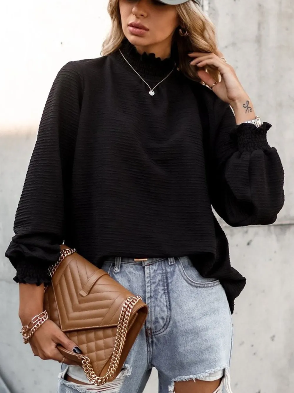 Smocked Frill Mock Neck Long Sleeve Blouse, image 6