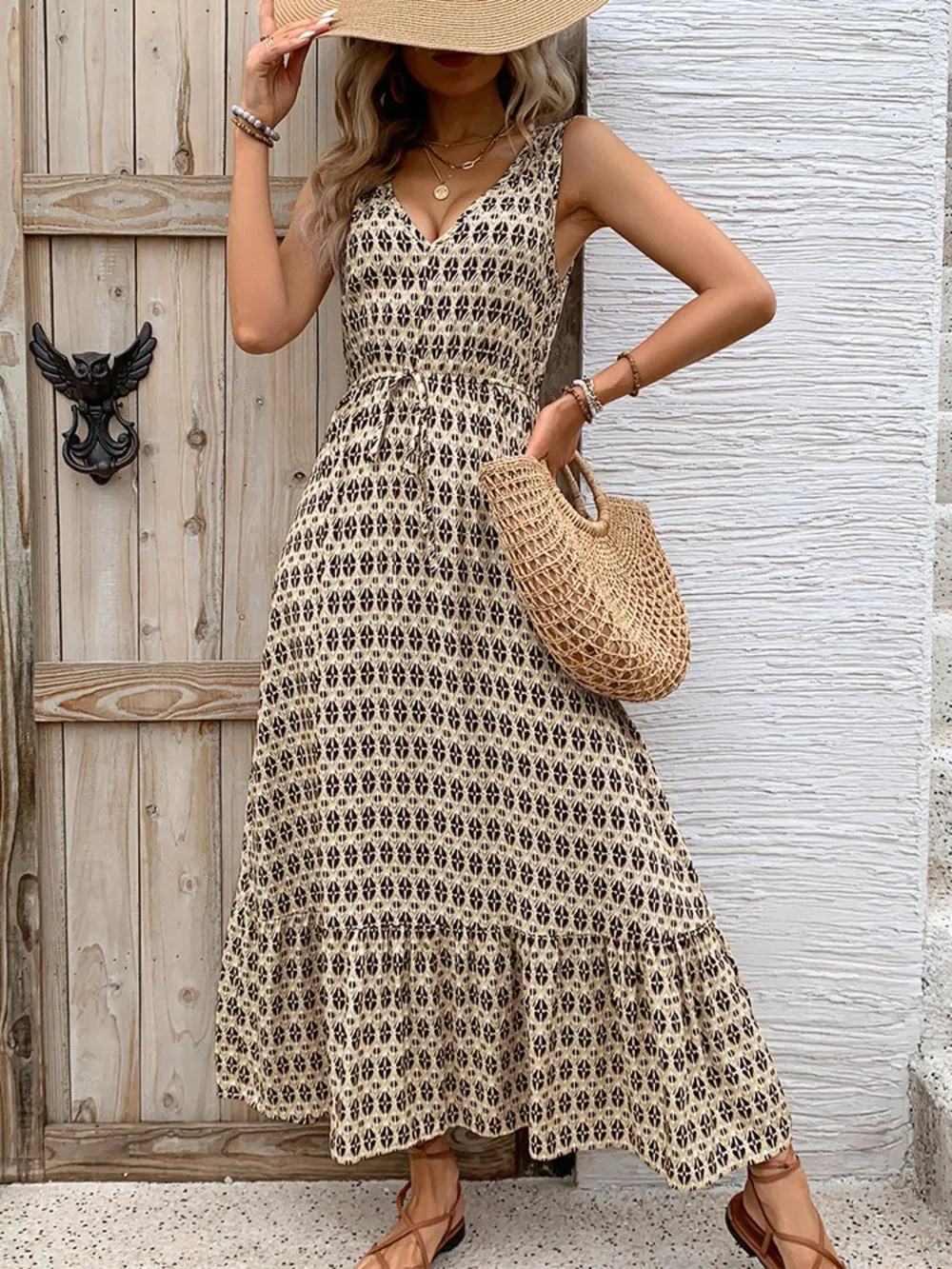 Printed V-Neck Tie Waist Midi Dress, image 11