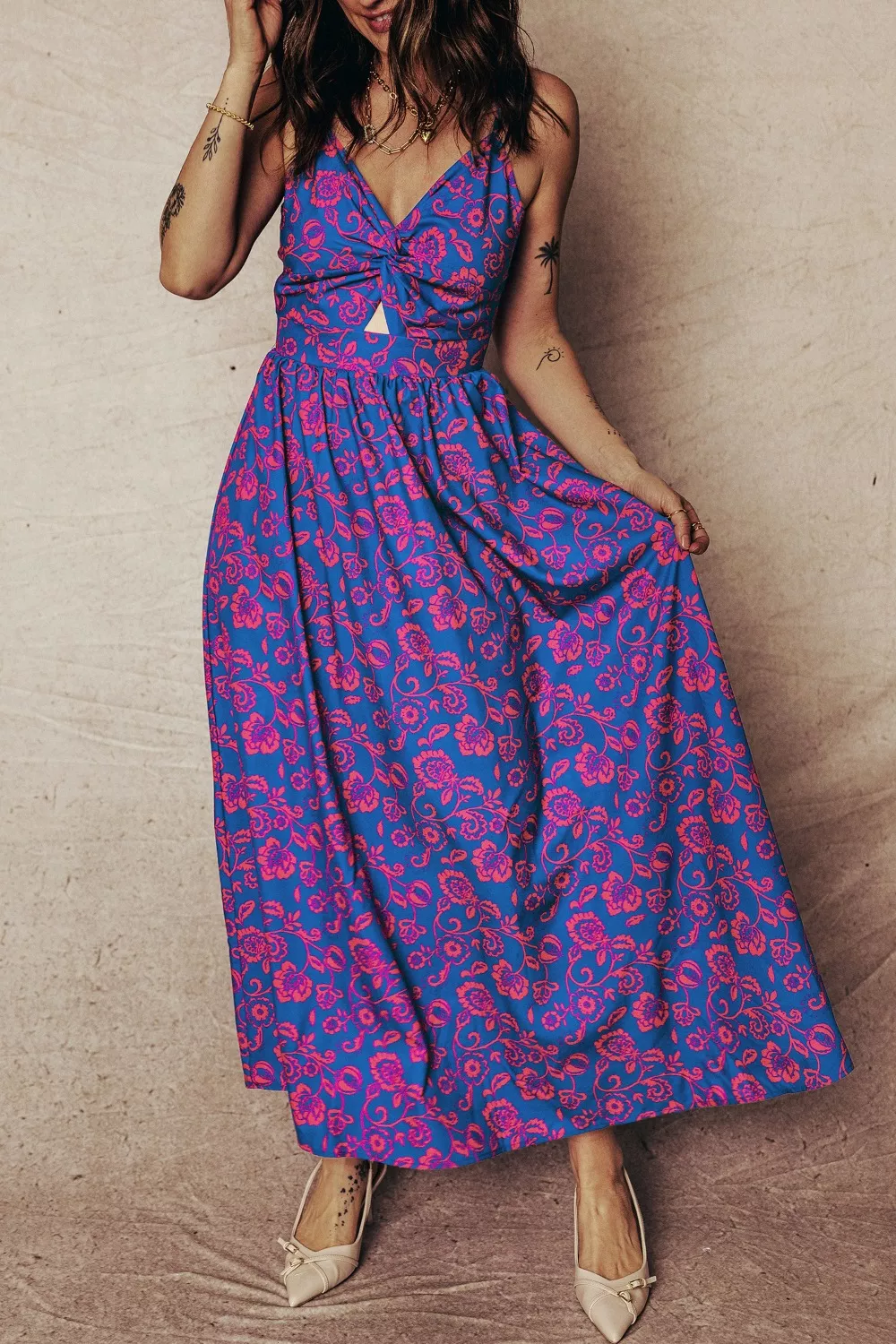 Floral Print Twisted V Neck Tied Backless Maxi Dress, image 4