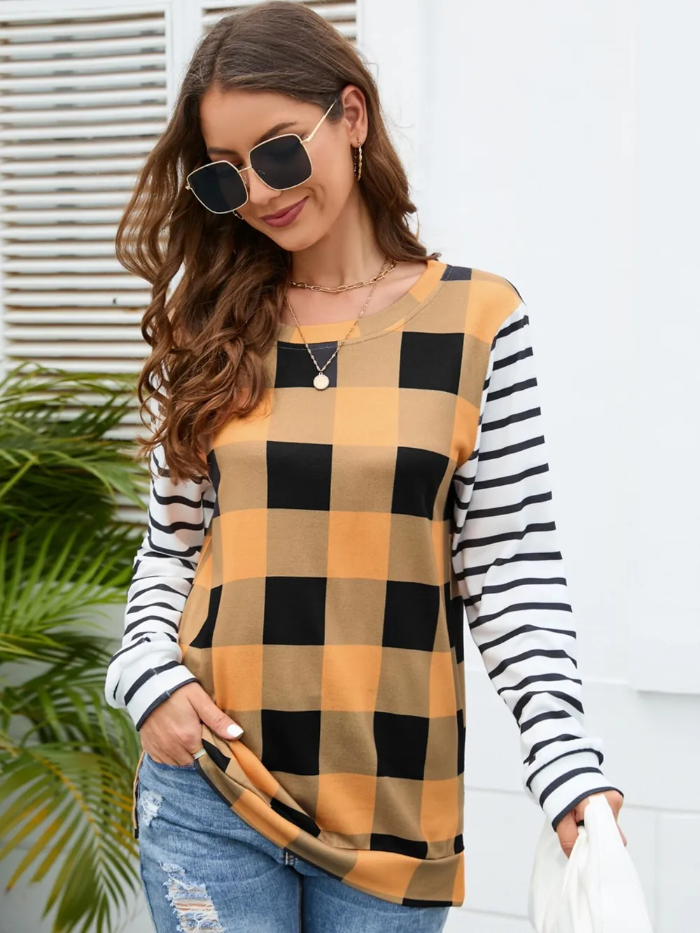 Plaid Striped Round Neck Long Sleeve T-Shirt, image 7
