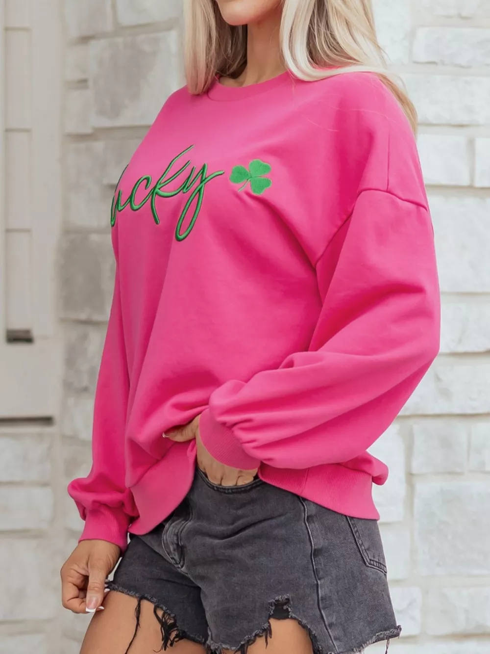 Lucky Clover Embroidered Loose Pullover Sweatshirt, image 9