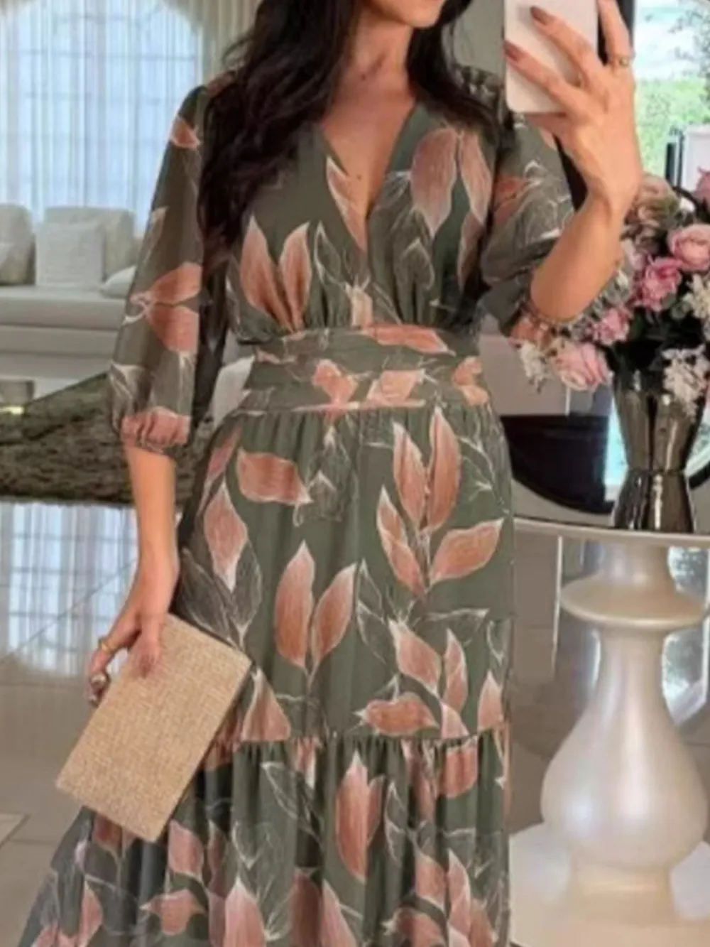 Full Size Printed V-Neck Maxi Dress with Tiered Hemline Plus Size, image 7