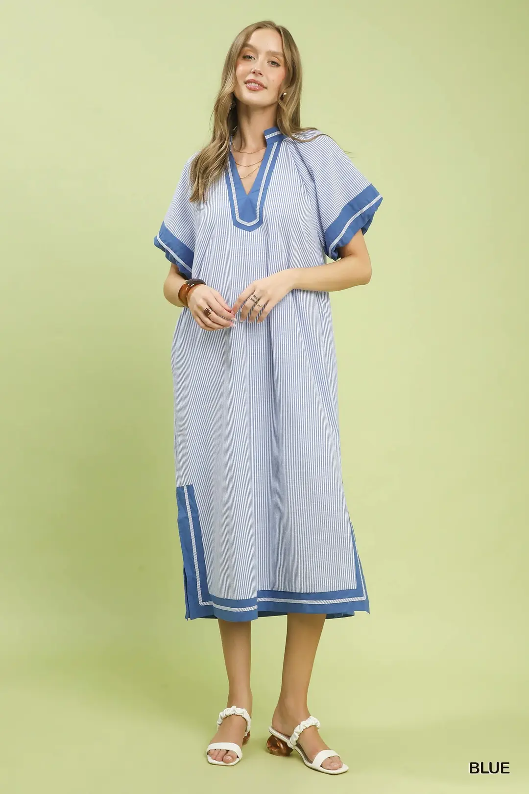 Pinstripe Contrast Trim Midi Dress, image 5