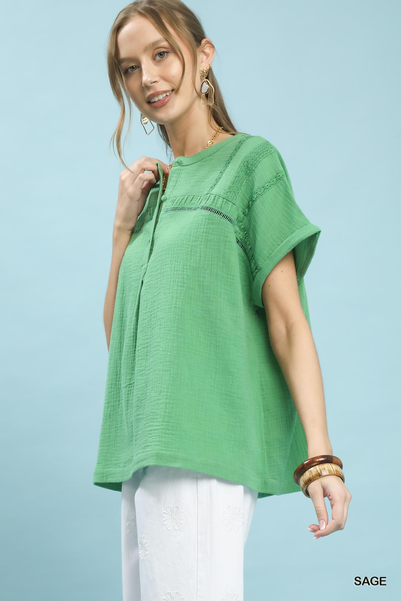 Textured Gauze Split-Neck Boho Blouse, image 4
