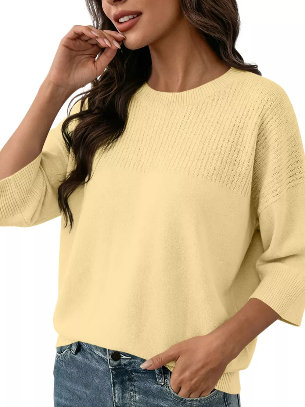 Elegant Crew Neck Eyelet Ribbed Sweater, image 4