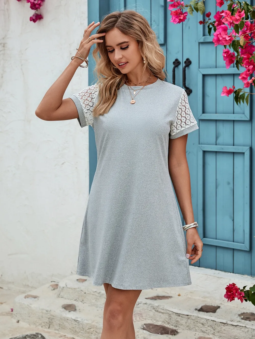 Openwork Round Neck Short Sleeve Dress, image 5