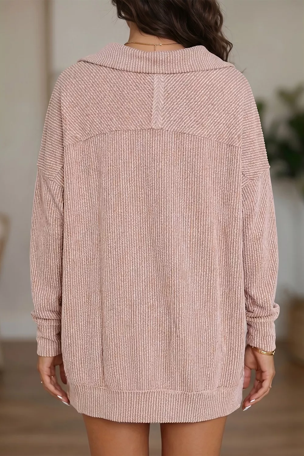 Twist Ribbed Zipper Collar Drop Shoulder Long Sleeve Top, image 2