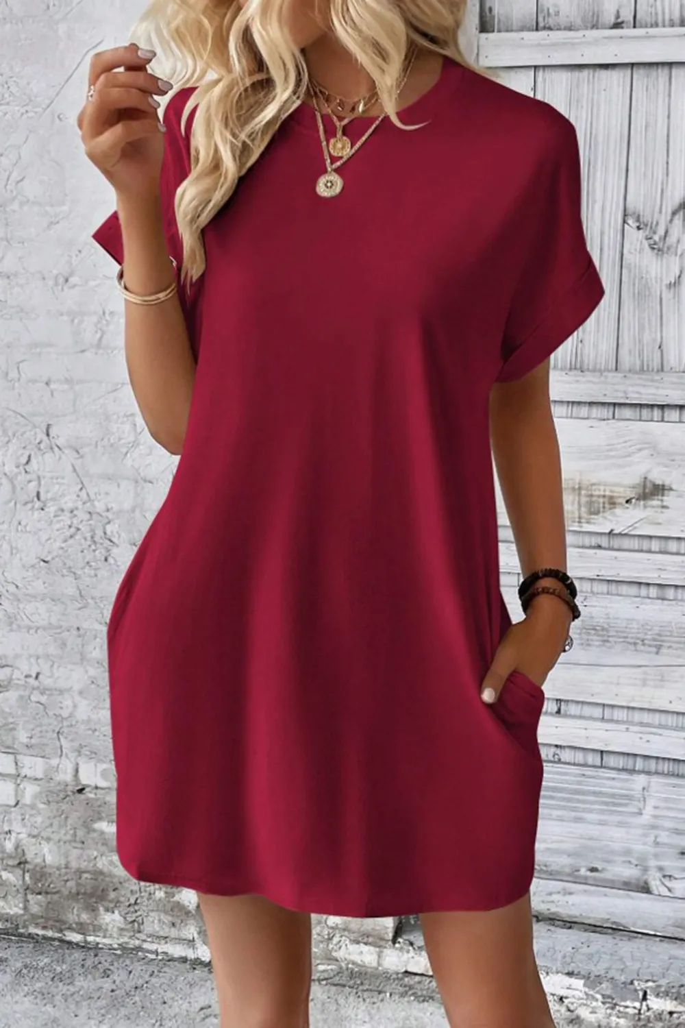 Pocketed Round Neck Short Sleeve Dress, image 23