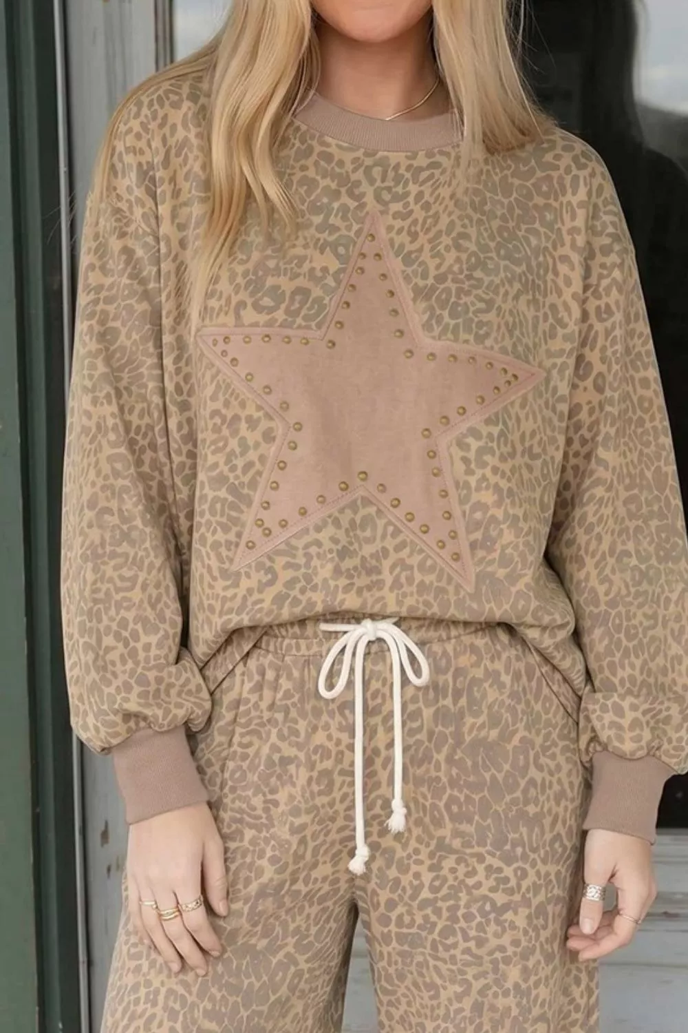 Leopard Print Star Embellished Sweatshirt and Pants Set, image 4