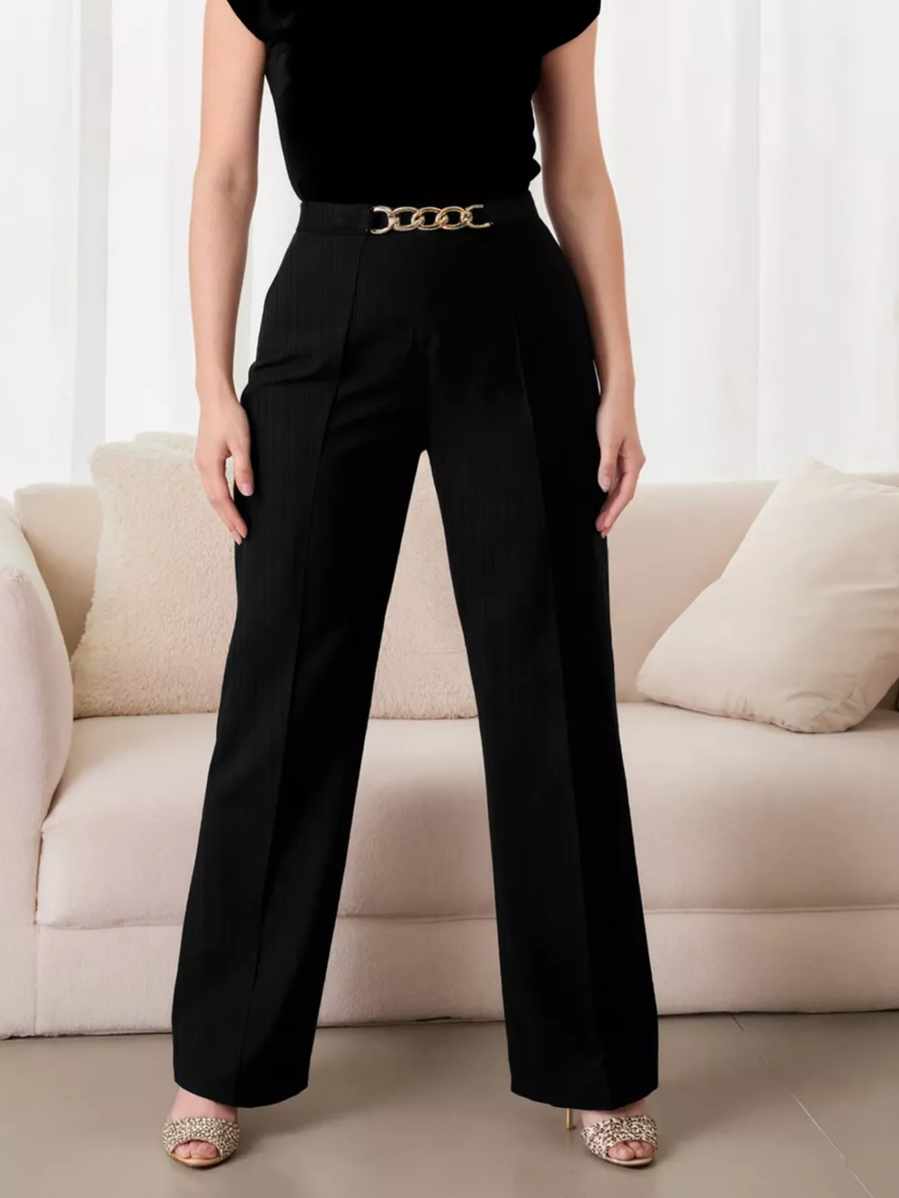 Plus Size Chain-Waist Wide-Leg Pants